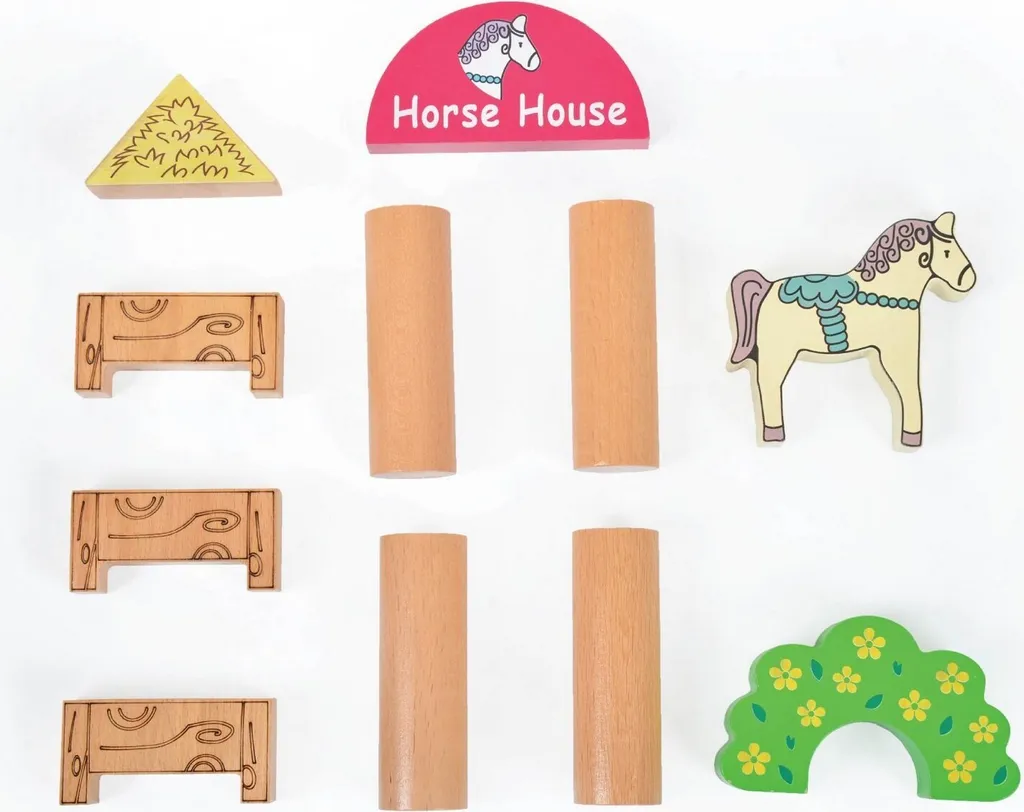 Jouet Peluche Cheval avec Maison en Bois Multicolore pour Enfant 30 cm