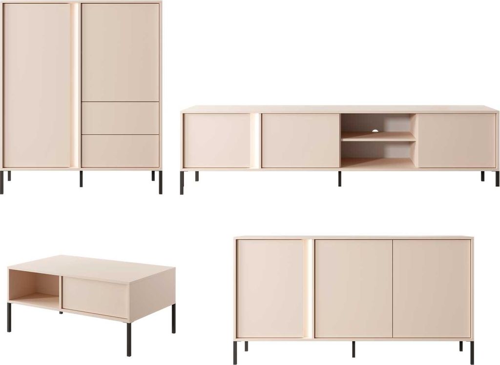 Wohnzimmer-Set Wohnwand Dast 4-teilig beige Ausführung wählbar,mit LED-Beleuchtung