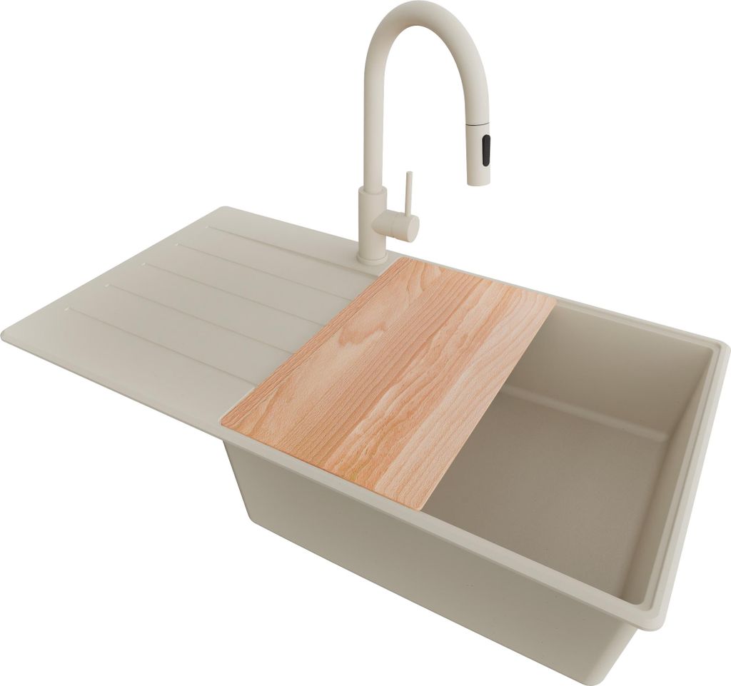 PRIMAGRAN Granitspüle Beige 90x50cm, Spülbecken 1 Becken + Küchenarmatur 40x20cm + Ablauf-Set + Schneidebrett, Küchenspüle ab 60er Unterschran...