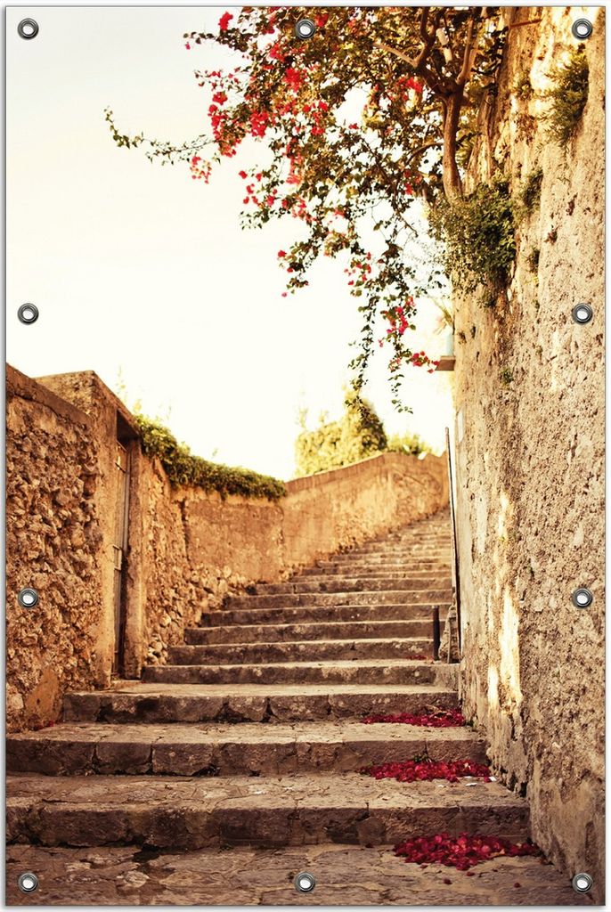 Wallario Outdoor-Poster für Garten oder Balkon, Motiv Steinerne Treppe in Italien, in ca. 80 x 120 cm