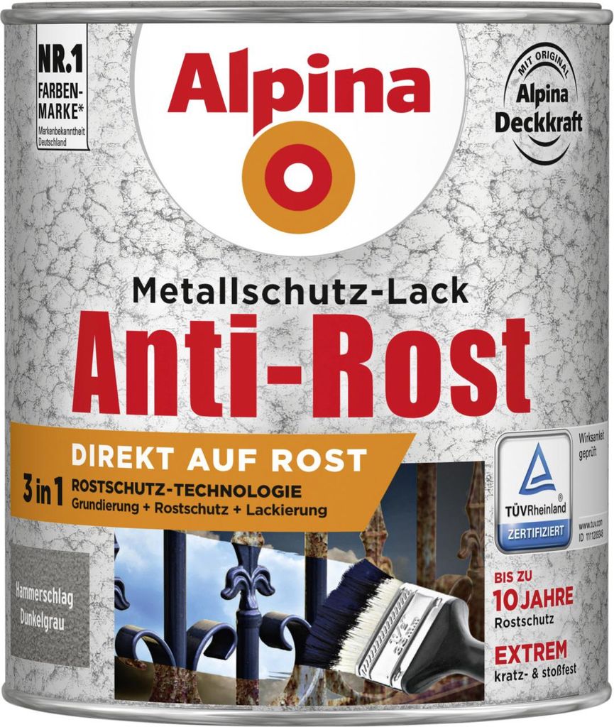 Alpina Metallschutzlack Anti-Rost Hammerschlag Dunkelgrau 750 ml matt