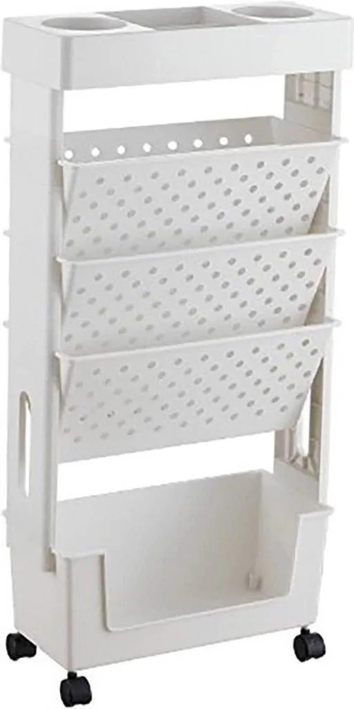 Étagère pivotante blanche à roulettes - Paniers rotatifs modulables 360°