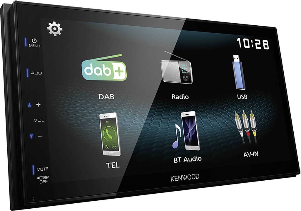 A digital car stereo display showing various function icons.