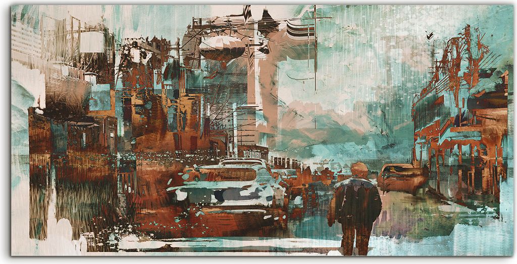 Coloray Spritzschutz aus Glas 140x70 Wandkunst Küchenrückwand Stadt Straße Mann Abstrakte Malerei