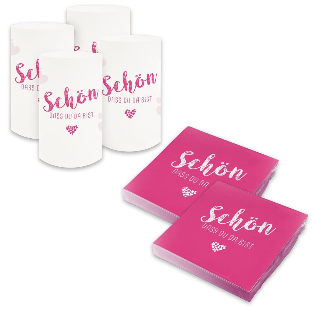 itenga 6x Windlicht + 40x Servietten - Schön dass du da bist - Fuchsia PINK