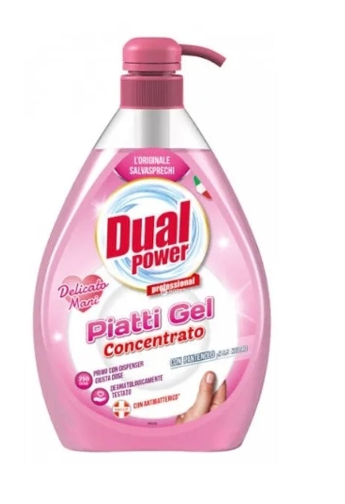 A bottle of concentrated dish soap with a pump dispenser.
