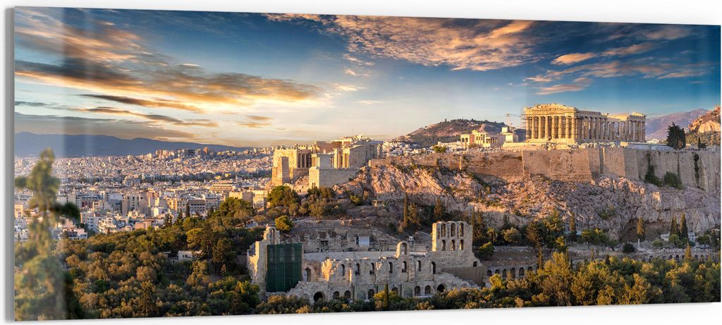 DEQORI Glasbild Echtglas 125x50 cm 'Blick auf die Akropolis' Wandbild Bild modern Deko