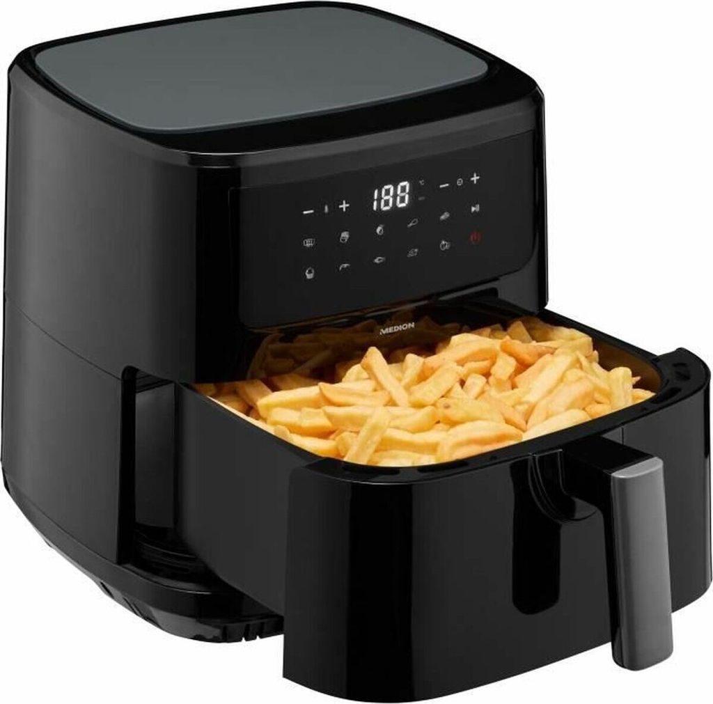 A black air fryer filled with french fries, with its digital display showing '188'.