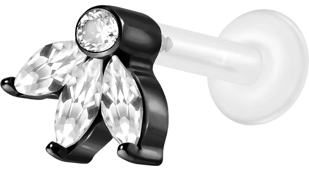 Ohrpiercing, Nasenpiercing PTFE Labret mit Innengewinde + Titan-Aufsatz LOTUSBLÜTE Schwarz Stablänge: 6mm | Stabstärke: 1,6mm