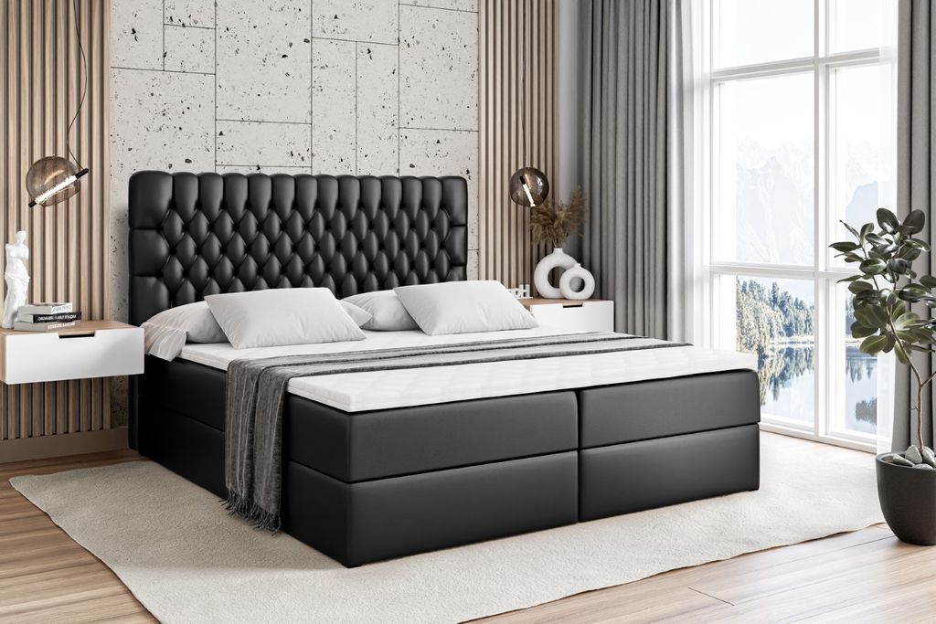 ALTDECOR Boxspringbett mit H4 Matratze und Topper - 200 x 200 cm - SERENE - Schwarz Kunstleder - Polsterbett mit Bettkasten und Lattenrost, Bett mi...