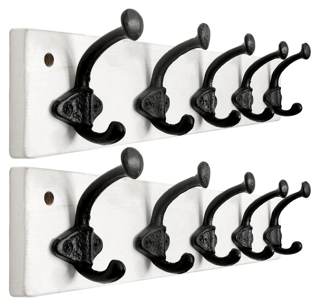Garderobenleiste mit 5 Haken aus Gusseisen, Wandgarderobe aus Holz, Kleiderhaken für Mäntel und Jacken, Weiß, 2 Stück
