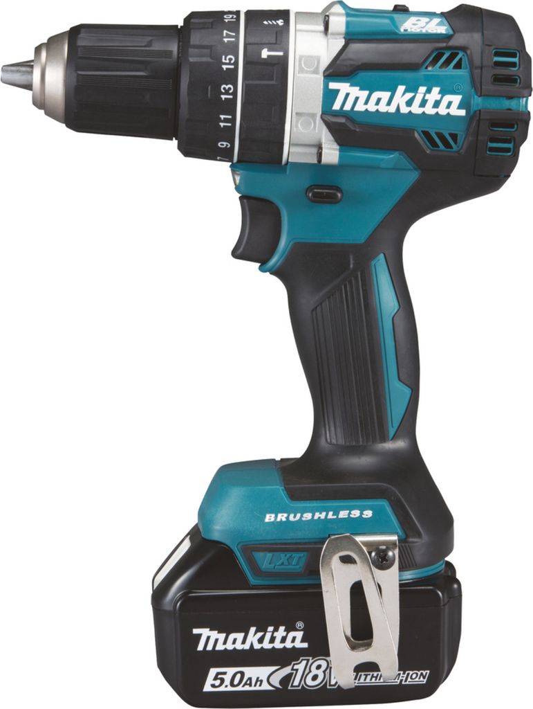 A cordless drill with a battery pack attached, shown against a white background.