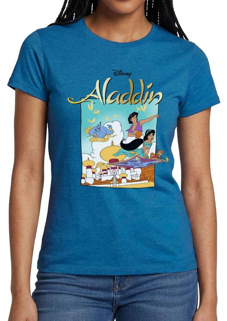 Jasmin Und Aladin Mit Abu Auf Fliegendem Teppich Frauen T-Shirt, XL, Antikblaues Saphir meliert