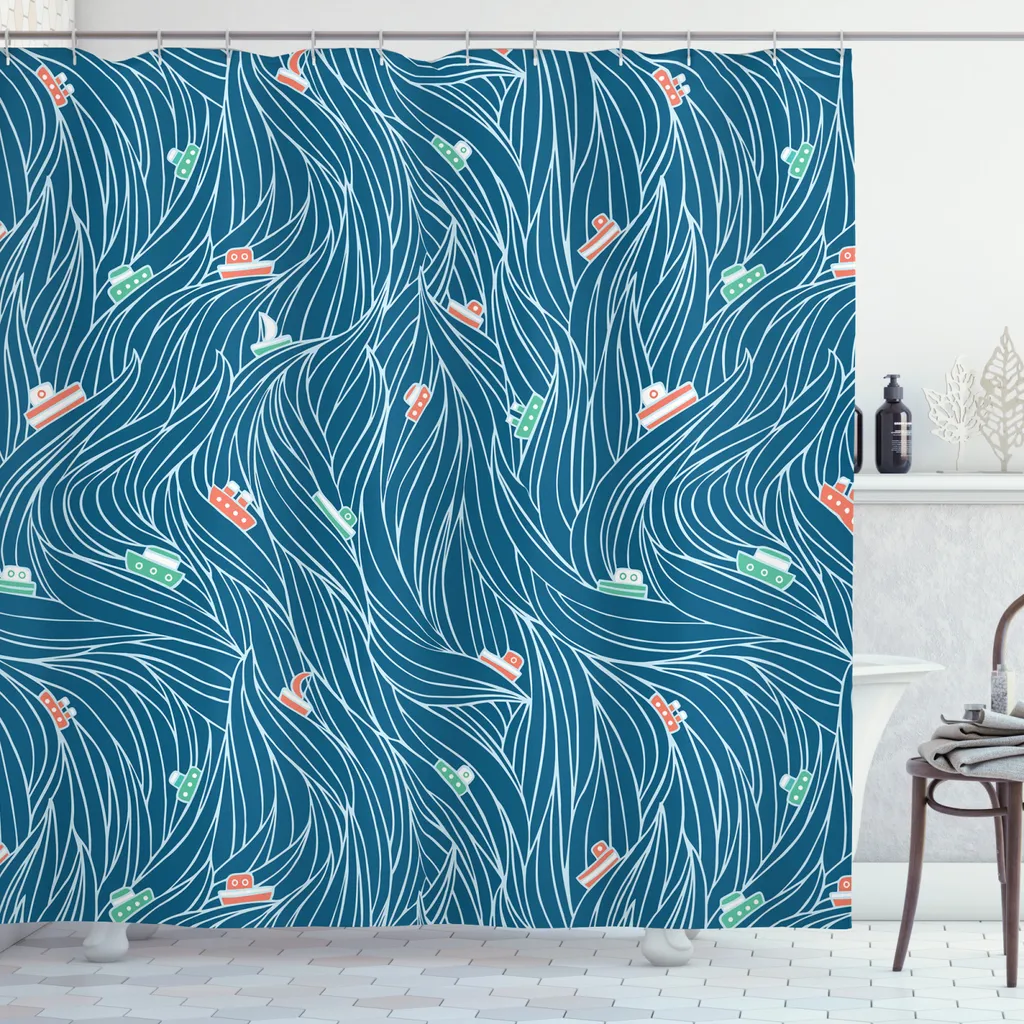 ABAKUHAUS Tenda da doccia nautica, onde e navi Cartoon, resistente al sapone, ai batteri, alla muffa e all'acqua, incl. 12 ganci e colori resistenti, 175 x 220 cm, blu benzina, salmone, verde giada