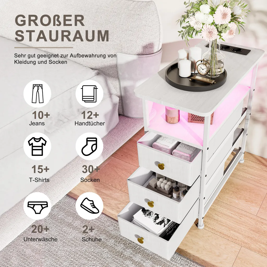 Table d'appoint LED blanche 3 tiroirs : design moderne et prise secteur - 8