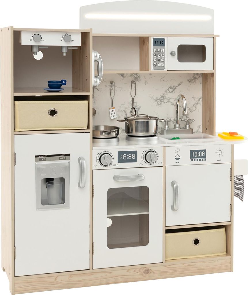 COSTWAY Kinderküche inkl. Zubehör, Spielküche Holz mit Kaffeemaschine, Kühlschrank, einstellbaren LED, abnehmbaren Stoffkörben&Regalen, für K...