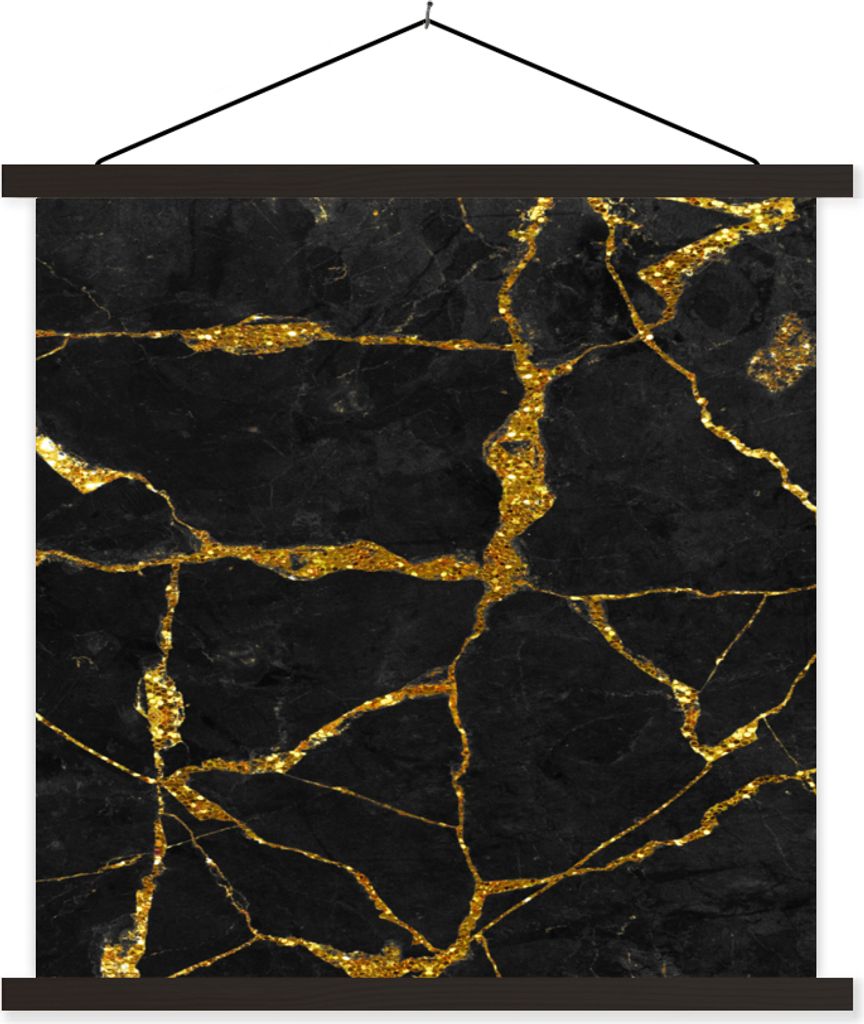 MuchoWow Textilposter Marmor - Gold - Schwarz - Marmoroptik - Glitter 60x60 cm mit schwarzem Rahmen - Posteraufhänger