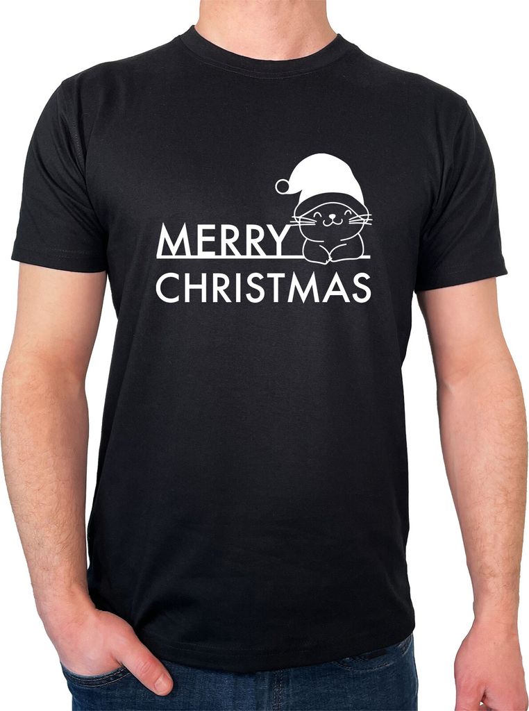 Huuraa Herren T-Shirt Merry Christmas Katze XL Black Bio Baumwolle Fairtrade Herrenshirt Geschenkidee