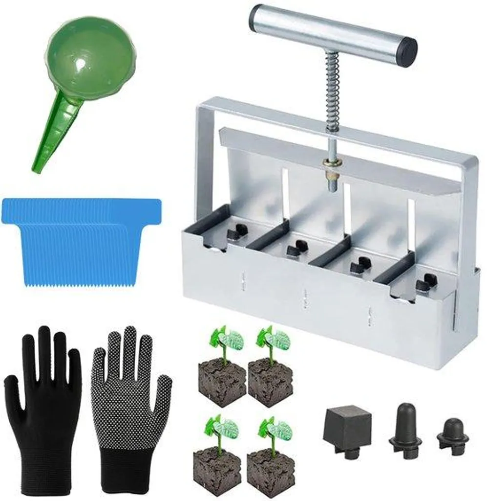 Blocs de semis 5 x 5 cm - Kit de 4 blocs manuels avec moule et gants