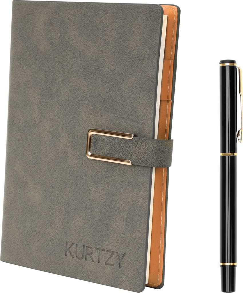 Kurtzy Hellgraues Kunstleder-Notizbuch mit Stift - Größe A5 nachfüllbar mit 112 dicken Seiten - Liniertes Papier - Notizbuch A5 nachfüllbar -