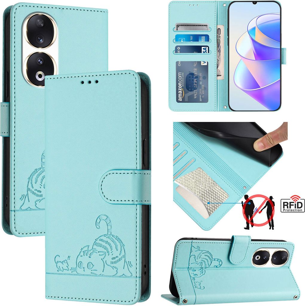 Leder Hülle für Honor 90 Süße Katze Flip Case Brieftasche Schutzhülle mit Standfunktion hellgrün