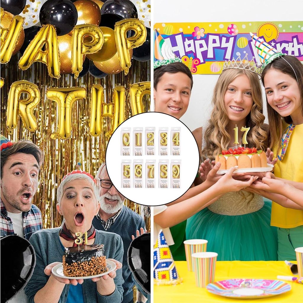 10 Stück goldene Zahlenkerzen - Geburtstagskerzen - Zahlen für Kuchen - Tortendekoration - Wunderkerzen - Zahlen 0-9 - Tortenkerzen für Hochzeit...