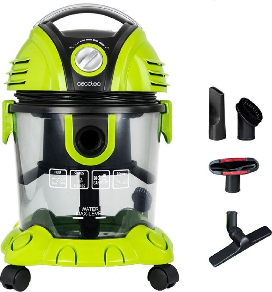 A green and black wet and dry vacuum cleaner with various attachments shown on a white background.