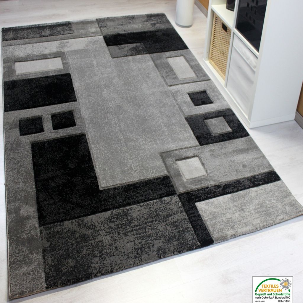 Teppich Modern Heatset, Kariert und Meliert in Grau, sehr dicht gewebt - F8529, Maße:200 cm x 290 cm