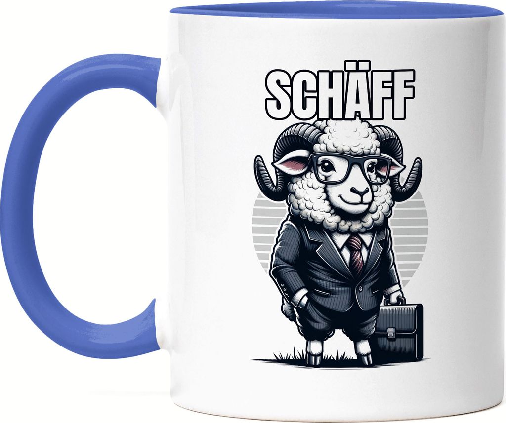 Schäff Schaf als Chef Design Tasse Blau - Geschenkidee Büro Arbeit Humor Lustig