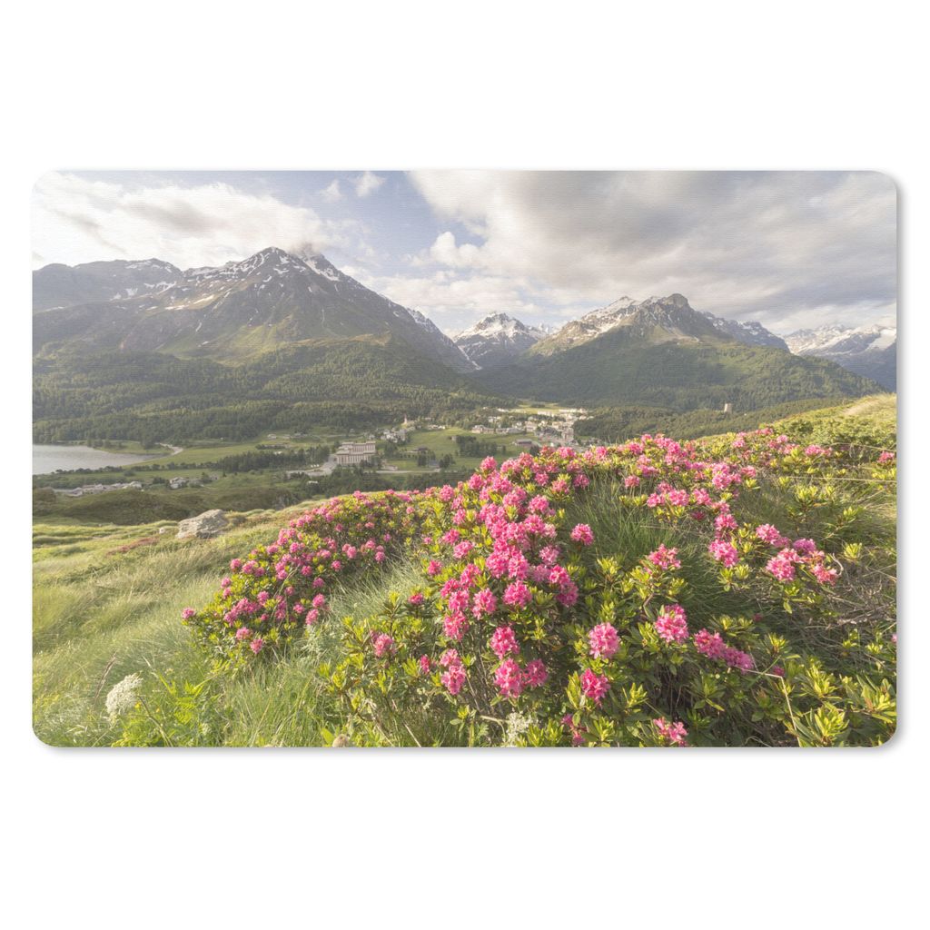 MuchoWow Mauspad Mousepad Blumenwiese - Berge - Rosa 27x18 cm - Mousepads - Maus Mat - Pad - Mausunterlage - Büroartikel - Desk Matten