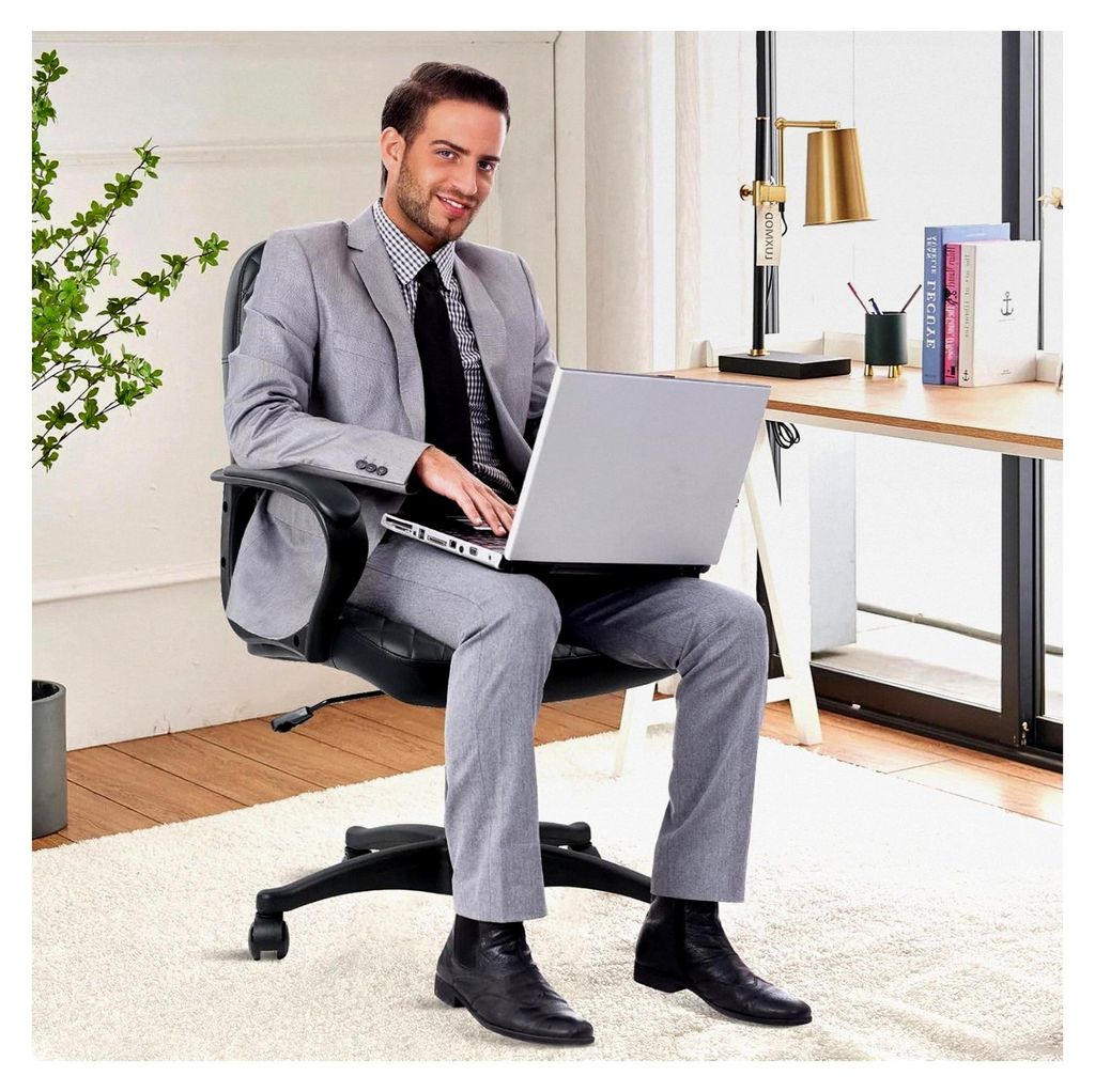 Echtleder Bürodrehstuhl mit Armlehnen Höhenverstellbarer ergonomischer Managerstuhl für Homeoffice Konferenz Mittelhohe Rückenlehne Rollen Schw...