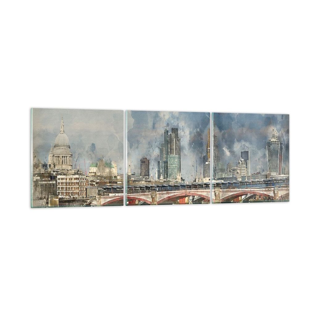 Bilder auf glas - 3 Teile - London Aquarell Panorama - 90x30cm - Glasbilder - Wandbilder - Bilder - zum Aufhängen bereit - Wanddekoration aus Glas...