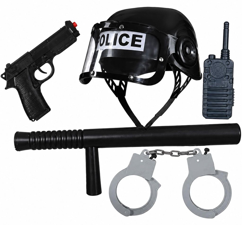Fünfteiliges Polizei-Spielset für Kinder mit Helm, Spielzeugpistole, Schlagstock, Walkie-Talkie und Handschellen.