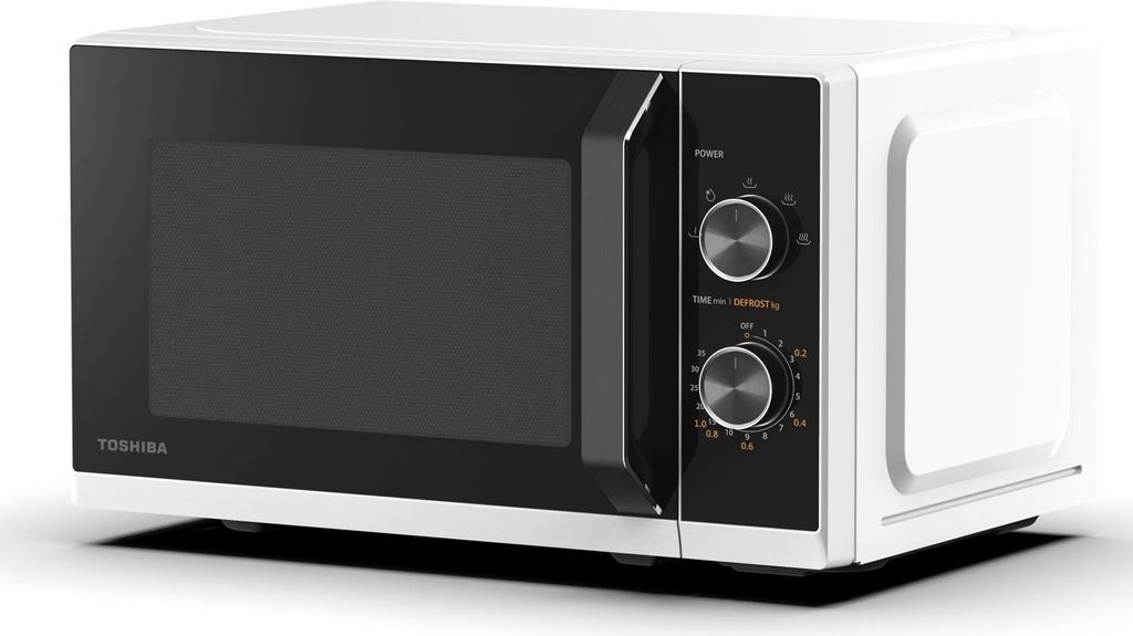 A white Toshiba microwave oven is shown against a white background.