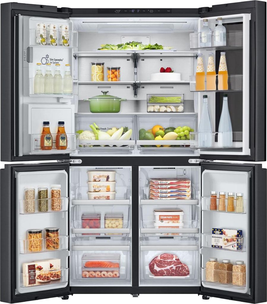 An open refrigerator with food items and containers visible inside.