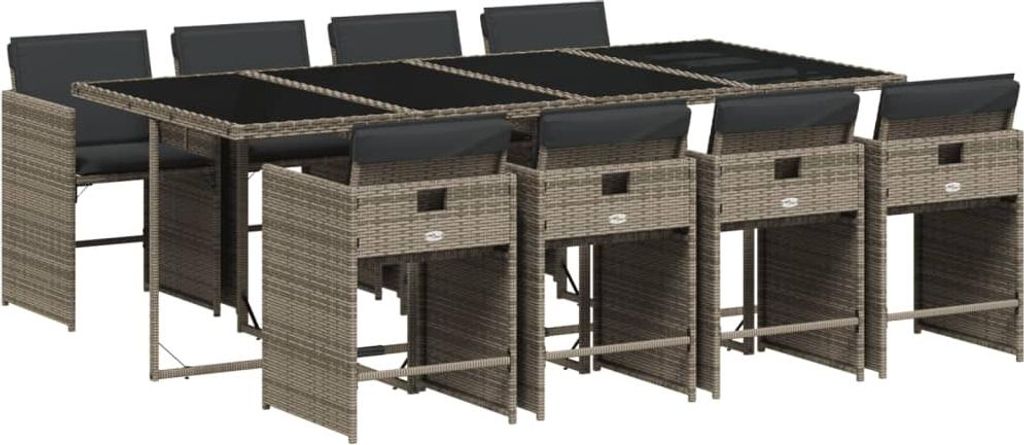 vidaXL 9-tlg. Garten-Essgruppe mit Kissen Grau Poly Rattan