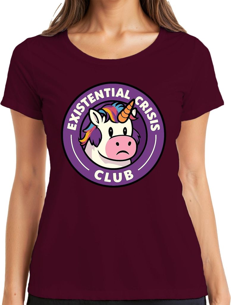Existenzielle Krise Club Einhorn Lustig Sarkastisch Retro Nerd Damen T-Shirt, Burgundy, XL
