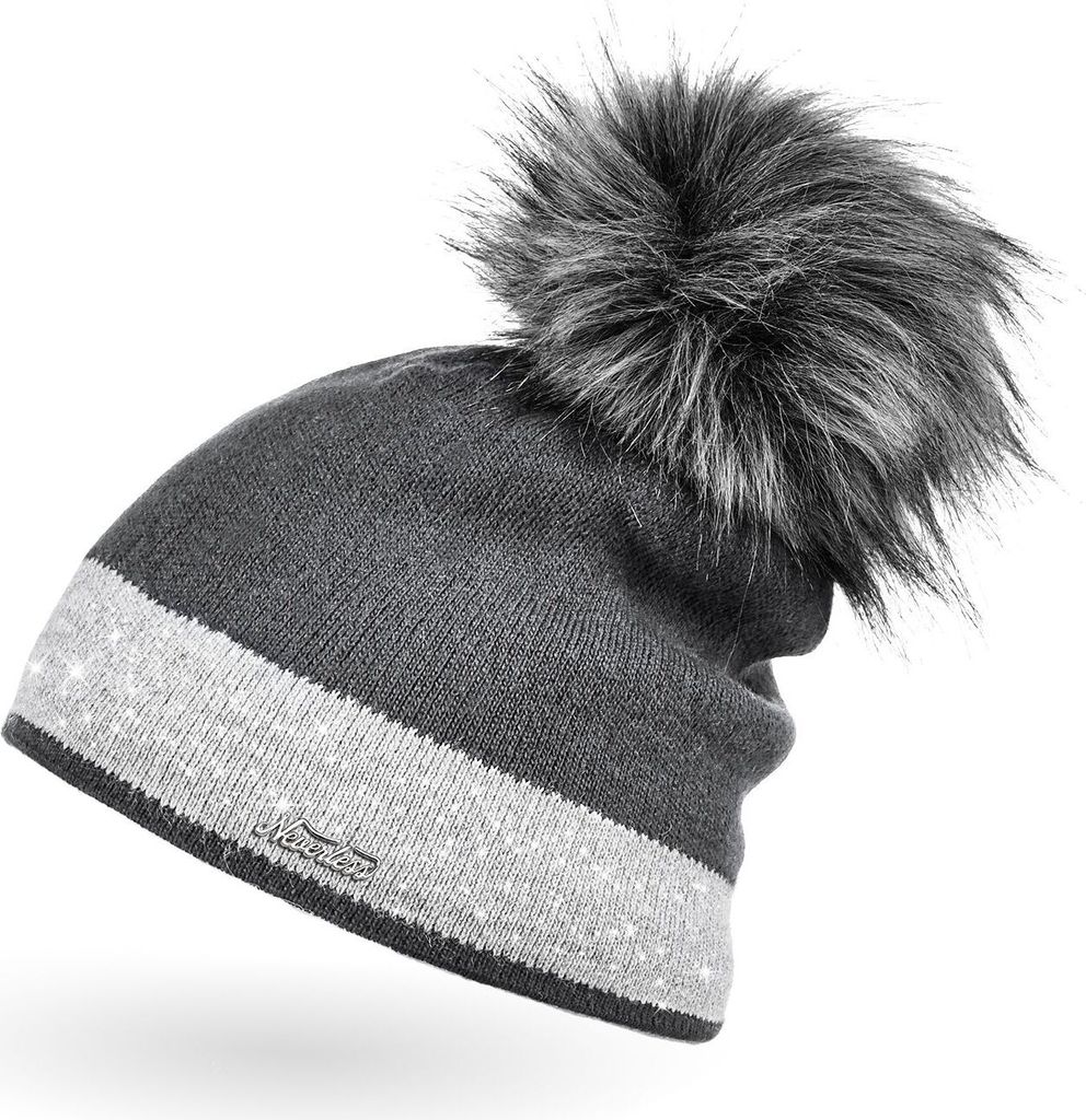 Damen Strick-Mütze gefüttert Fell-Bommel Kunstfell Winter-Mütze Feinstrick mit Glitzer-Garn Bommelmütze Neverless dunkelgrau-hellgrau unisize