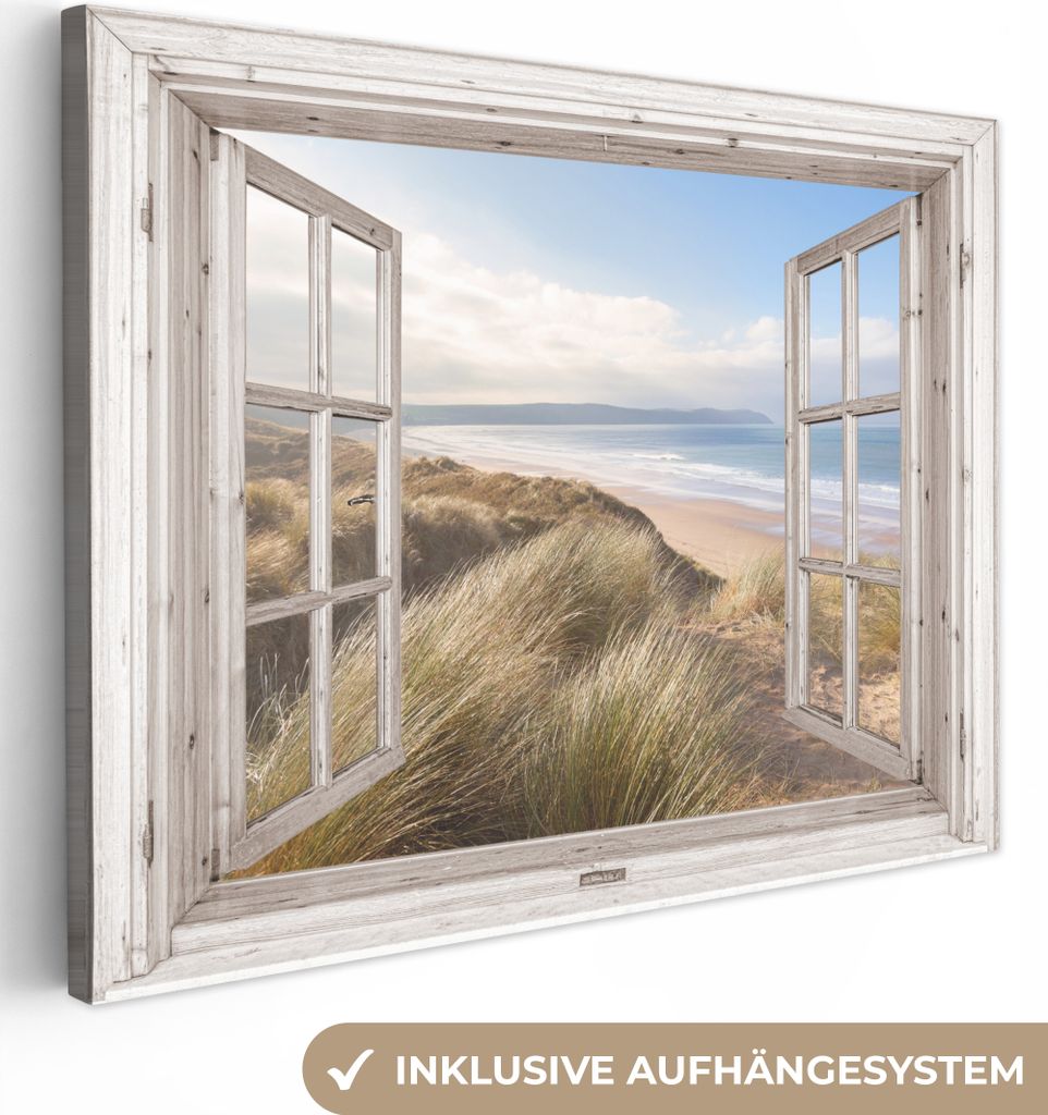 Leinwand Bilder 40x30 cm - Fensterblick - Meer - Dünen - Palme - Sand, Bilder, Wanddeko, Wandbilder Wohnzimmer