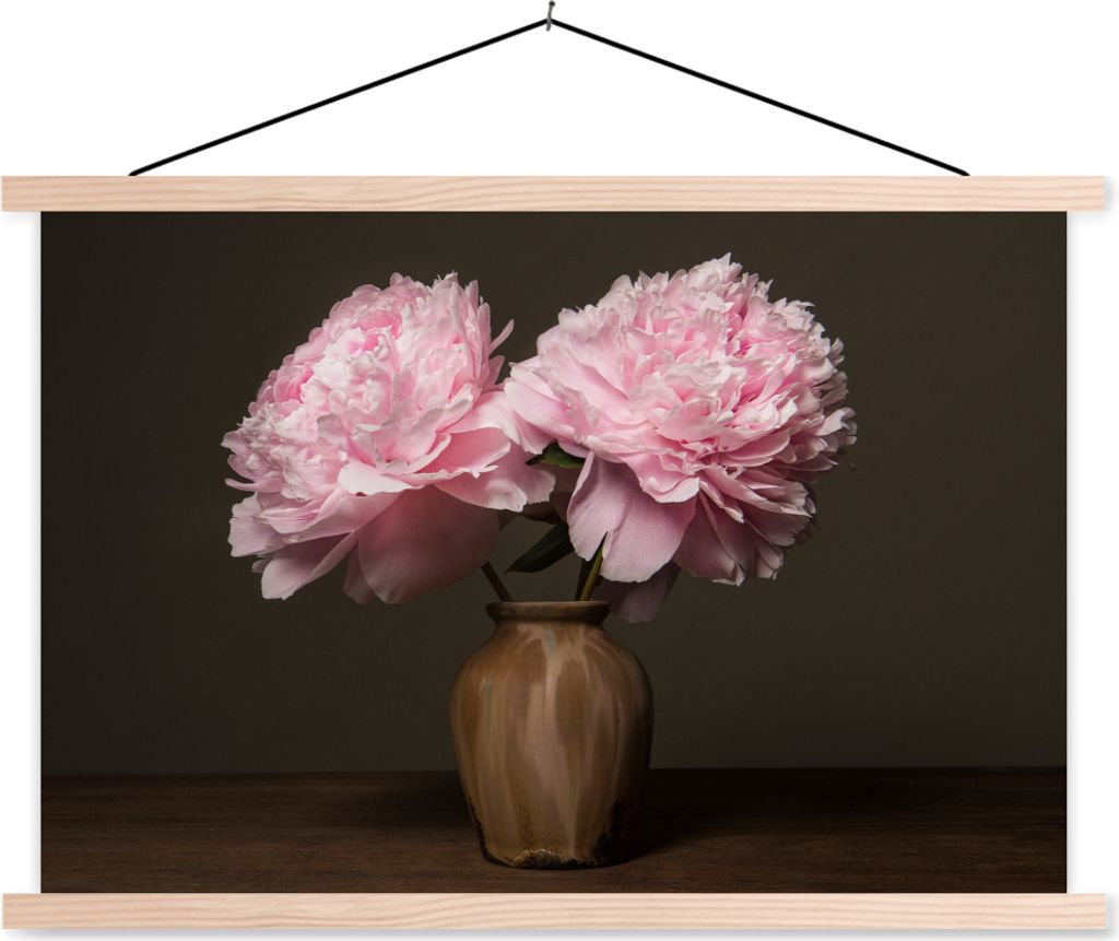 MuchoWow Textilposter Vase - Blumen - Rosa 120x80 cm mit holzfarbenen Rahmen - Aufhängeset