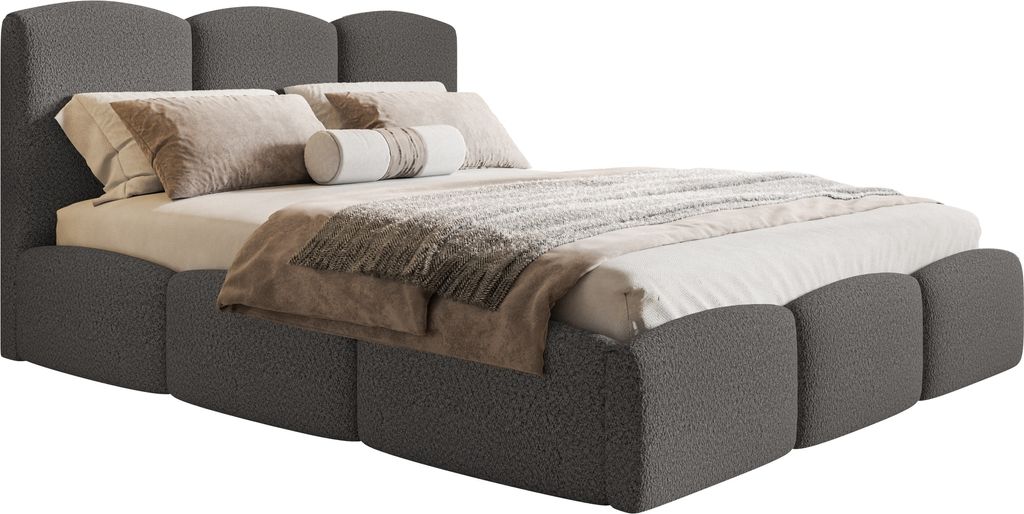 Polsterbett 180x200 Roma Slim mit Bettkasten - dickem Schaumstoff, Lattenrost - Bouclé Dunkelgrau