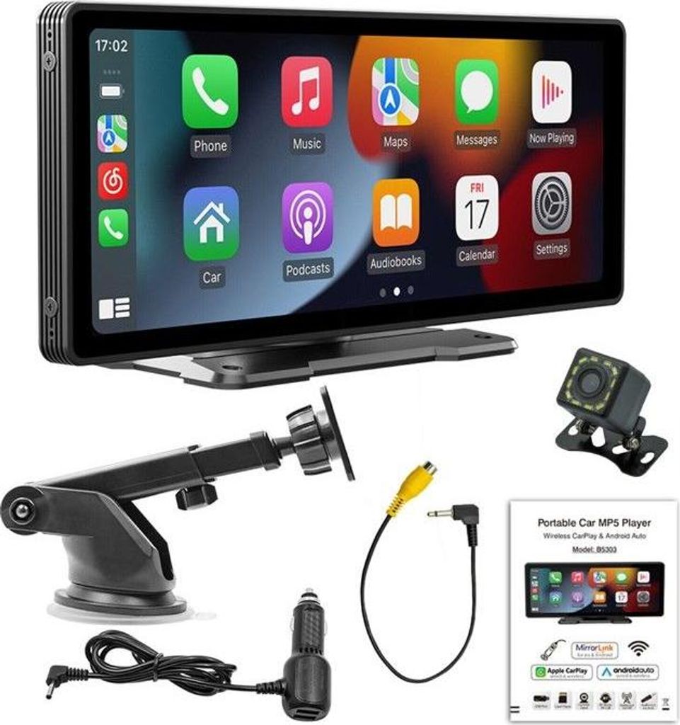 10,26-Zoll-Dashcam mit Rückfahrkamera, CarPlay und Android Auto, Bluetooth-Sprachsteuerung, 2,4-GHz-/5-GHz-WLAN, FM-Radio