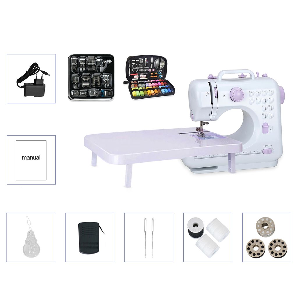 A collage of images showing a mini sewing machine and its accessories.