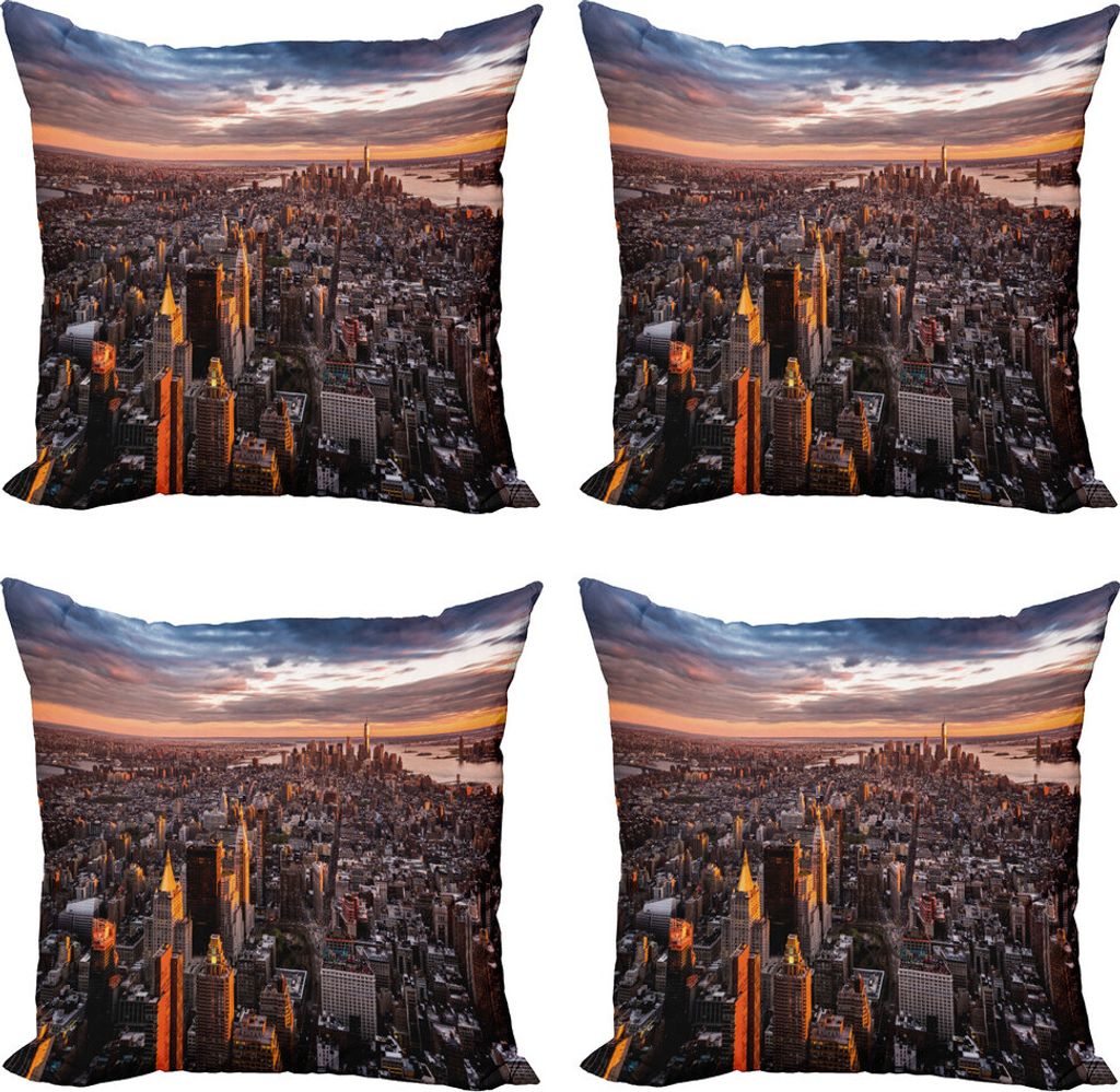 ABAKUHAUS USA Kissenbezug Set (4 Stück), Manhattan Skyline Sonnenuntergang, Moderner Doppelseitiger Digitaldruck, 60 cm x 60 cm, Blau Orange Weiß