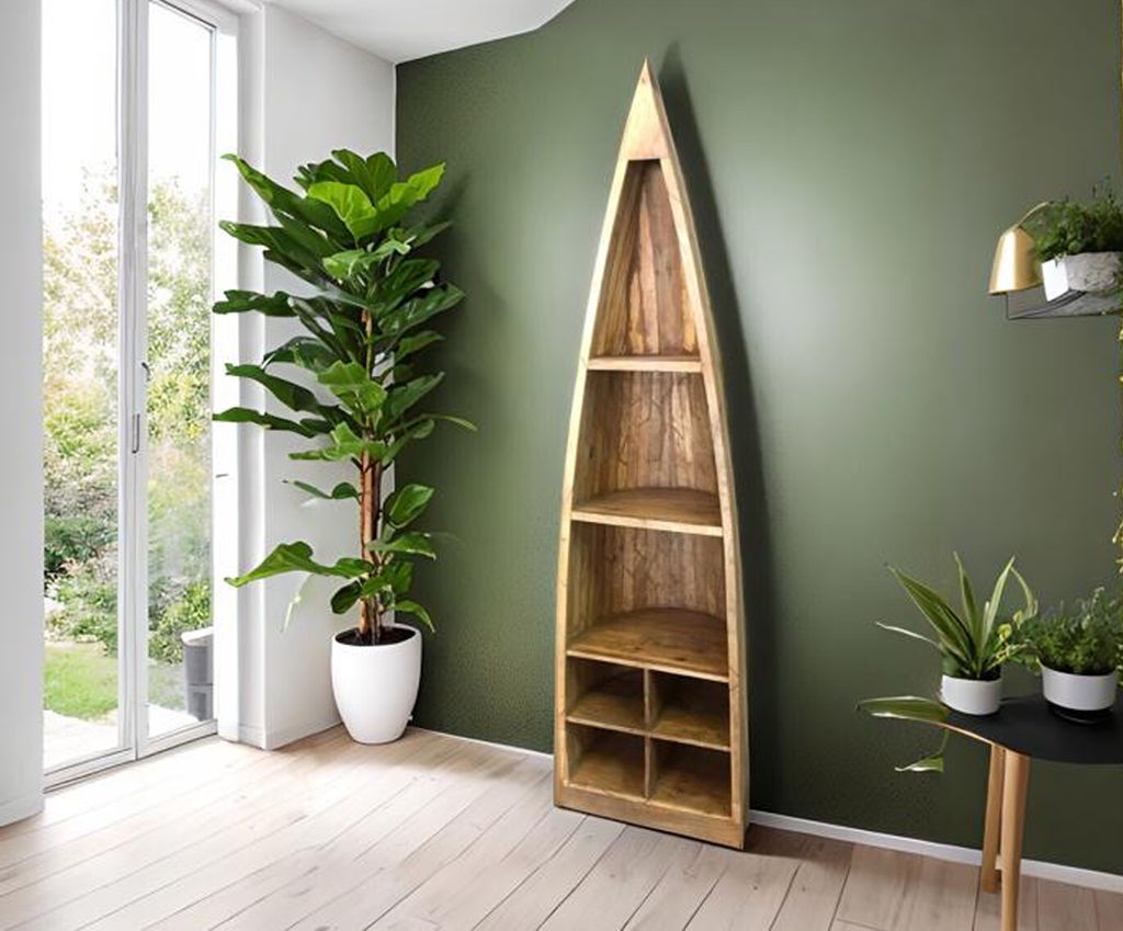 OPIUM OUTLET Bücherregal Massivholz Regal Regalwand Vitrine Schrank Raumteiler Eckregal in Bootsform asiatisch indisch