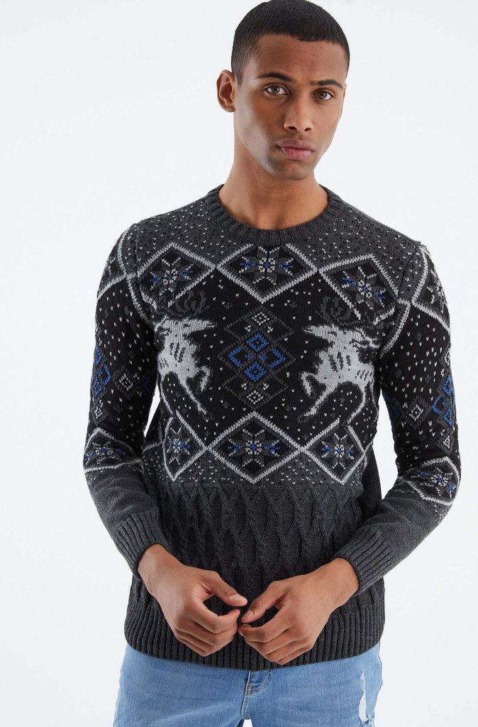 Leif Nelson Rundhals Herren Strickpullover Grobstrick Rundhals LN-20761, Anthrazit / L
