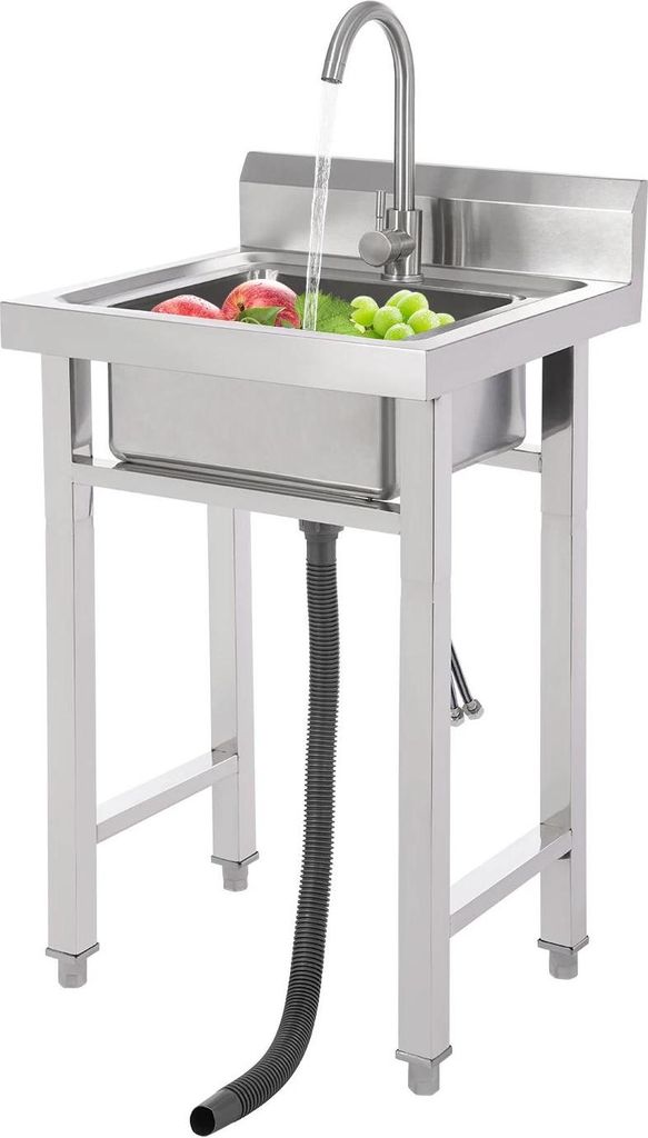 Edelstahl Gastronomie-Spüle - Freistehend Einbecken - Mit Wasserhahn - Schwenkbarer 360° Hahn - Filterkorb - Verstellbare Füße - Silber