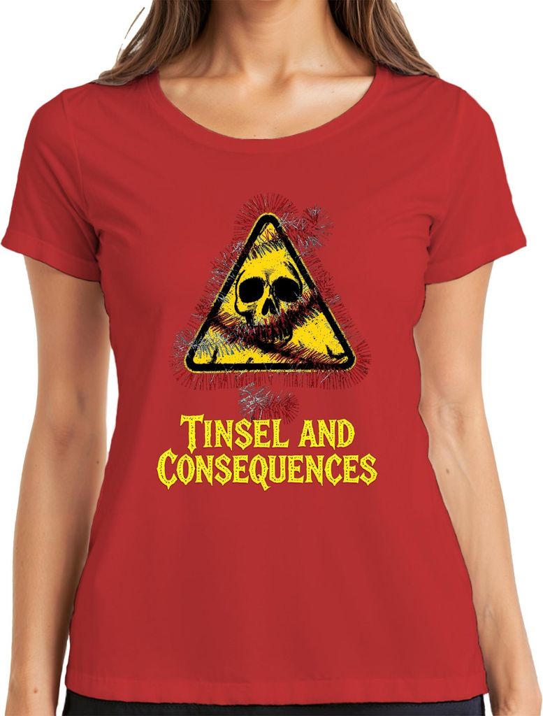 Tinsel and Consequences Totenkopf Lametta Warnschild Weihnachten Damen T-Shirt, Rot, XXL