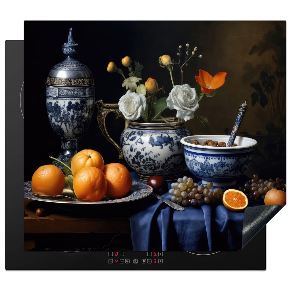 KitchenYeah Herdabdeckplatte Stilleben - Obst - Blumen - Delfter Blau - Niederländisch , 59x51cm, Küche Deko, Glaskeramikkochfeld Herdabdeckung...