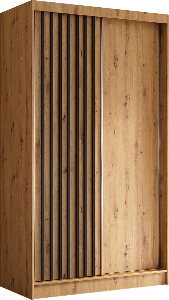 Masseno Schiebetürenschrank LAMELLO 120 cm Kleiderschrank Schlafzimmer Schrank 2-türig mit Lamellen Eiche Artisan